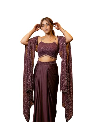 Indo-Era Women's Readymade Designer Lehenga Choli Set - Ready to Wear Plum Mauve Georgette Sequence Work Choli with Pre-Stitched Drape Skirt & Shrug Dupatta - Perfect for Weddings & Receptions