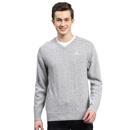 Monte Carlo Lt Grey Mix Solid V Neck Sweater | Warm Woolen Pullover for Men | Soft Comfortable Knitted Winter Wear Sweater for Men's