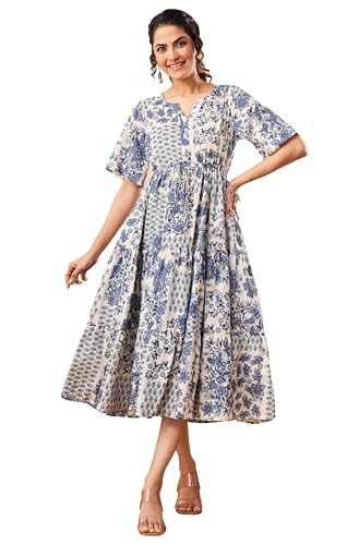 Janasya Women's Blue Pure Cotton Floral Printed Fit & Flare Dress (JAA26DR03620-JA-2XL)