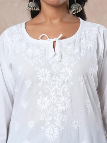 Ada Lucknowi Hand Embroidered Chikankari Straight White Cotton Top Tunic Kurti for Women A911209 (3XL)