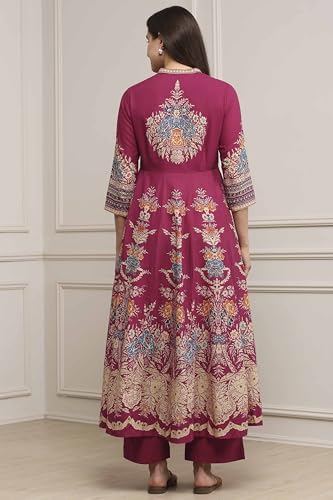 Biba Women Magenta Cotton Kalidar Printed Kurta Pants Set_36