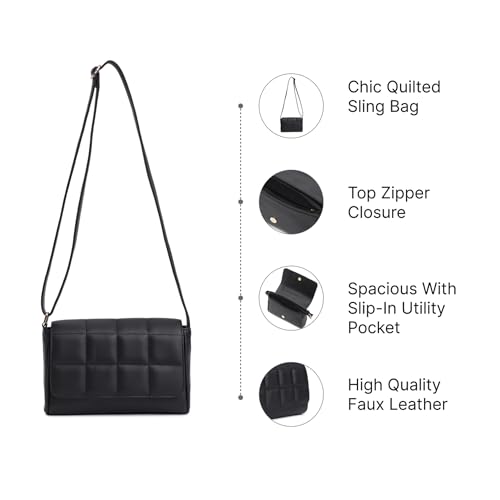 Fastrack Quilted Sling Bag for Women | Chic Crossbody Bag for Girls, Ladies, Women | Spacious Bag with Slip Pocket Made of Faux Leather (Black)