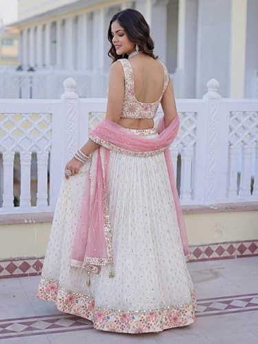 Zeel Clothing Women's Sequins Zari Embroidered Work Georgette Lehenga Choli With Dupatta (7070-White-Women-Lehenga-Choli; Free size) (White)