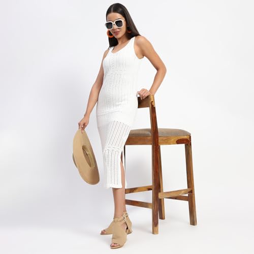 Madame V Neck Crochet Off White Knitted Dress