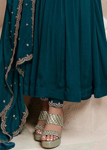 TRENDMALLS Women's Silk Blend Embroidery Anarkali Kurta Pant Set with Dupatta (G334-Morpeach-XXL-)