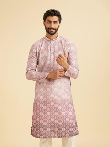 Manyavar Men's Cotton Blend Circular Bandhani Prints Kurta Pyjama Set (Pink,XXXL)