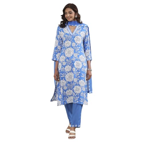 Biba Women Blue Viscose Rayon Straight Suit Set_34