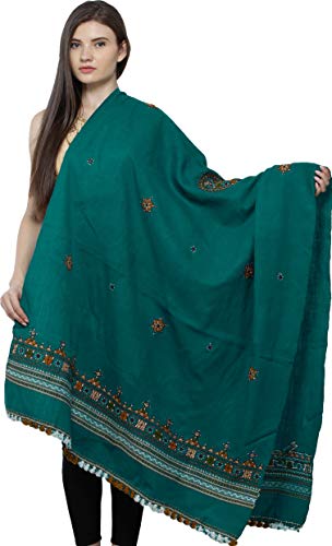 Exotic India Women's Shawl from Kutch with Central Embroidered Chakra and Mirrors Pure Wool Shawl (SWD54--alpine-green)