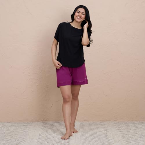 NYKD Buttery Soft Modal Cotton Shorts for Women with Clean Elasticated Waist, Satin Tie & Side Pockets – Comfortable Relaxed Fit, Model NYS926 Wine
