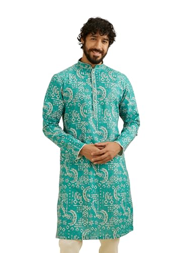Manyavar Men's Cotton Blend Printed Kurta (Teal Green,XL)