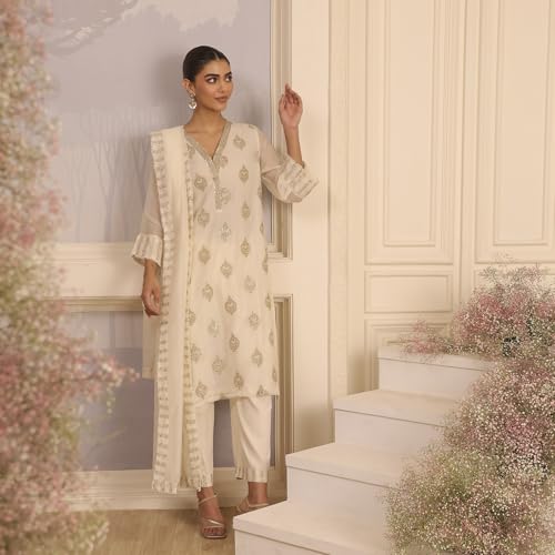 Biba Women's Chanderi Kurta Set (SKDMETWEV30281AW25OWHT_Off White