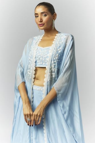 essaySumedha Agrawal Organza and Santoon Organza Lehenga Set for Women (Size: XL, Ice Blue)