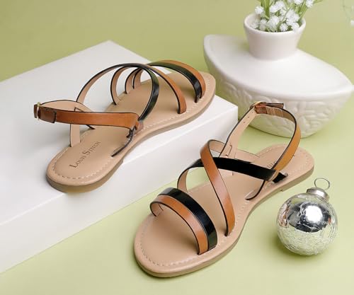LOUIS STITCH Black and Tan Striped Sandals for Women | Comfortable Lightweight and Stylish Sandals | LSOF-LD05-STJBTN | UK-8