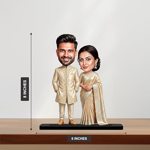 Giftvibes Personalized Couple Caricature Gift, Traditional Sherwani Saree Wedding Engagement Customized Wooden Caricature Standee Photo Frame for Husband Wife, Friends Unique Wedding Gift for Couples