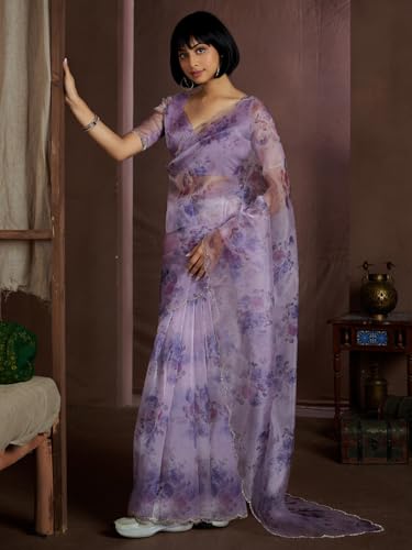 SAREE MALL Women's Lavendar Organza Floral Printed Saree With Unstitched Blouse (MAHEK937C_MK)