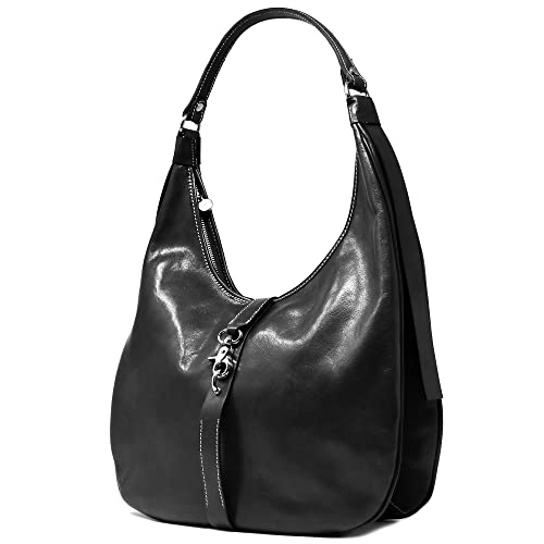 Floto Puglia Italian Leather Women's Shoulder Bag Handbag Purse, Black, Large