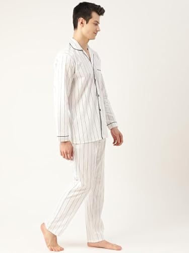 Hancock Men Pure Cotton Striped Pyjama Set White-M