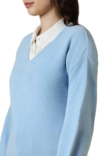 Allen Solly Women Blue Textured V Neck Casual Sweater