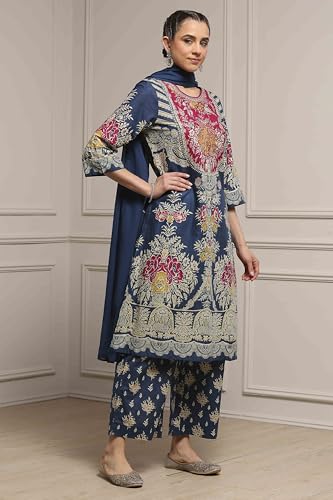Biba Women Blue Cotton Straight Printed Suit Set_34