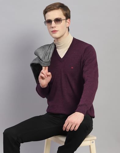 Monte Carlo Mens Purple Solid V Neck Full Sleeve Wool Casual Sweater (1230507VN-2439-46)