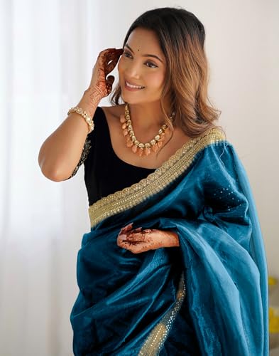 SIRIL Women's Net Embroidered Saree With Unstitched Blouse Piece(3997S133-Blue)