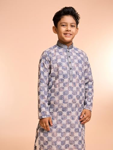 Manyavar Boys Cotton Blend Chikankari Checkered Print Kurta Pyjama Set (Dark Grey,5-6Y)