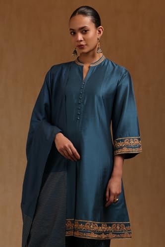 Soch Womens Blue Viscose Blend Solid Salwar Suit With Dori Embroidery