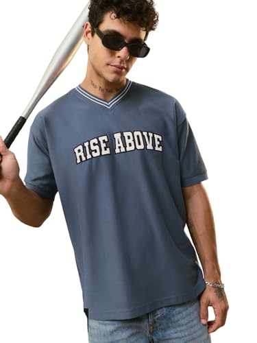 The Souled Store Varsity T-Shirt: Sangria Men and Boys Short Sleeves V-Neck Embroidered Casual Lightweight Drop Shoulder Streetwear Trendy Oversized T-Shirts