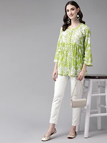 Ada Lucknow Chikankari Hand Embroidered Cotton Blend Green Short Kurti Top Tunic for Women A911269 (3XL)