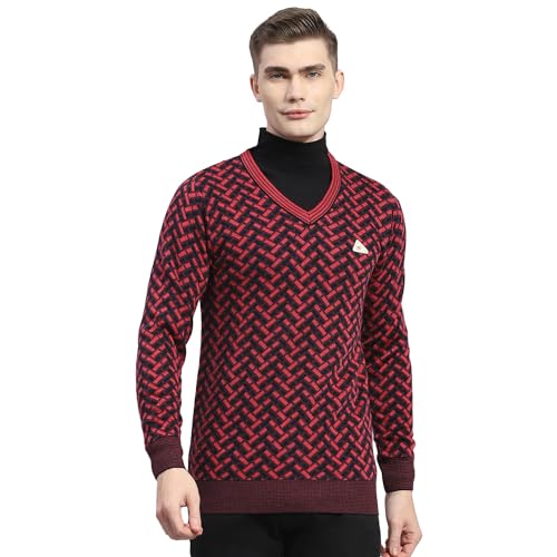 Monte Carlo Mens Pink Self Design V Neck Full Sleeve Wool Blend Casual Sweater (1239277VN-1-44)