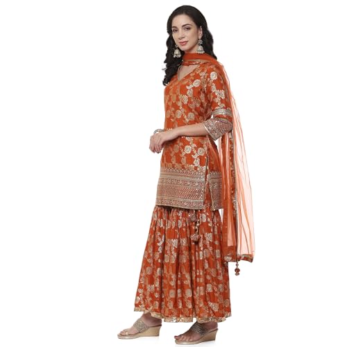BIBA Women YARNDYED Straight SALWAR KURTA DUPATTA(SKDBANARASI8969_RUST_34)
