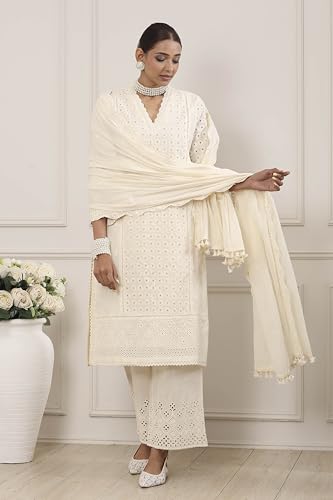 Biba Women Yellow Cotton Straight Suit Set_36