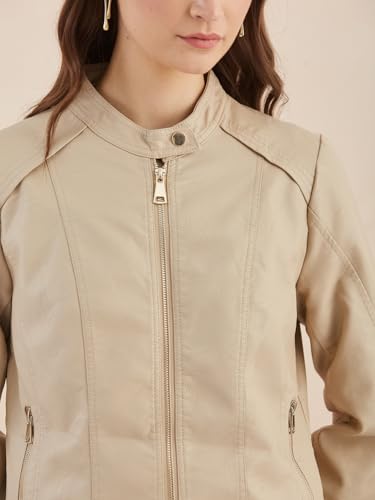 Latin Quarters Women's Beige Solid Full Sleeves Mandarin Neck Casual Biker Jacket_L