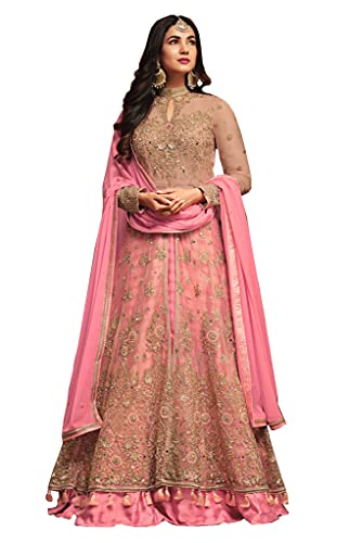 RUDRAPRAYAG Women's Net and Santoon Anarkali Floor Length Gown (5407; Gajjari; Free Size) Pink