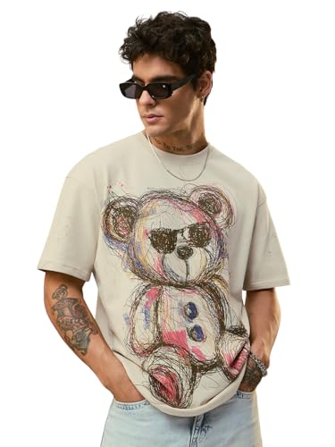 The Souled Store Oversized T-Shirt: Cool Teddy Men and Boys Short Sleeves Round Neck Off-White Graphic Printed Casual Lightweight Drop Shoulder Streetwear Trendy Oversized T-Shirts