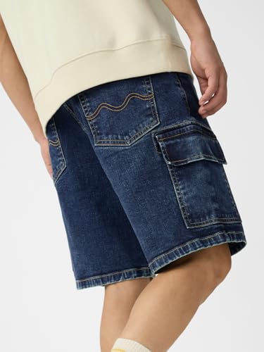 The Souled Store Denim: Ocean Blue Men and Boys Buttoned Solid Knee Length Cotton Blend Denim Shorts