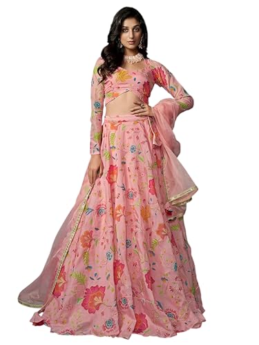 Zeel Clothing Women's Print and Dori Embroidered Organza Designer Lehenga Choli with Dupatta (7074-Pink-Womens-Lehenga-Choli-Latest; Free Size) (Pink)