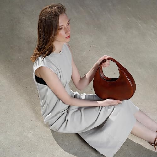 Time Resistance Leather Handbag - Purse for Women - Moon Bag - Top Handle Bag – Crescent Hobo Bag, Cognac Brown