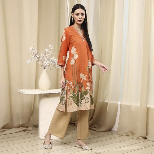 Biba Women Orange Cotton Blend Schiffli Straight Kurta Set_38