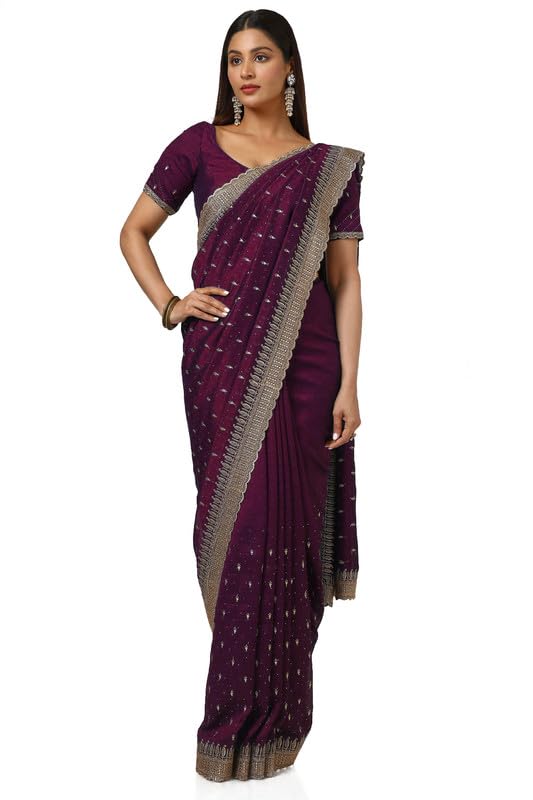 Soch Womens Wine Tussar Embroidered Saree With Stone Work