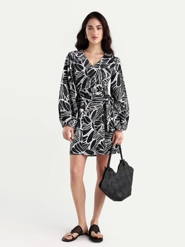 Rareism Women's Cotton V-Neck Floral Print Bishop Sleeve Mini A-Line Dress