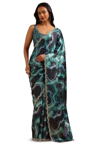 Soch Womens Blue Satin Abstract Saree With Stone Work