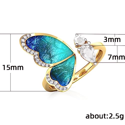 RUVEE 18K Gold Plated Butterfly Ring for Women – Blue Enamel Wing Design with Cubic Zirconia & Crystal Accents – Adjustable Statement Ring – Elegant Nature-Inspired Fashion Jewelry Gift