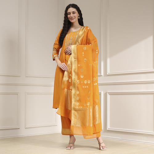 Biba Women Orange Blended Straight Solid Kurta Set_36