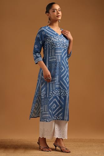 Soch Womens Indigo Cotton Geometric Kurta with Hand Embroidery and Bead Details