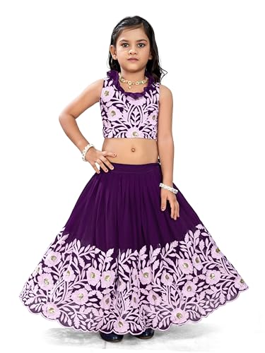Tejam Kids Girls Green Floral Lehenga Choli Set with White Embroidered Pattern (Jambli, 5-6 Years)