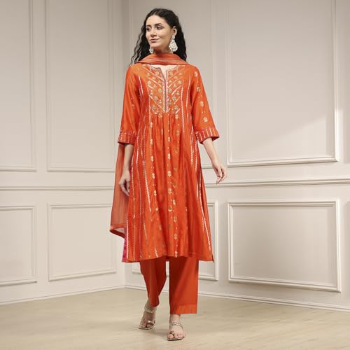 Biba Women's Orange Silk Straight Yarndyed Suit Set