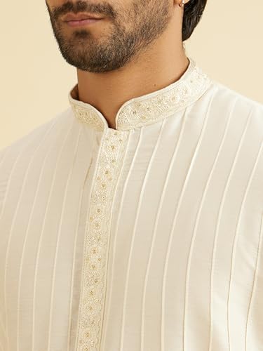 Manyavar Men's Viscose Blend Self Design Kurta Dhoti Set (Warm White,XXL)