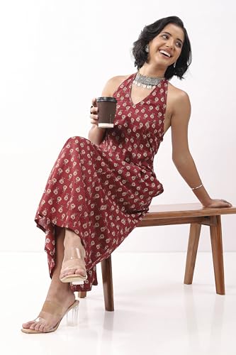 Biba Nxt Women Maroon Cotton Printed A Line Dress_30
