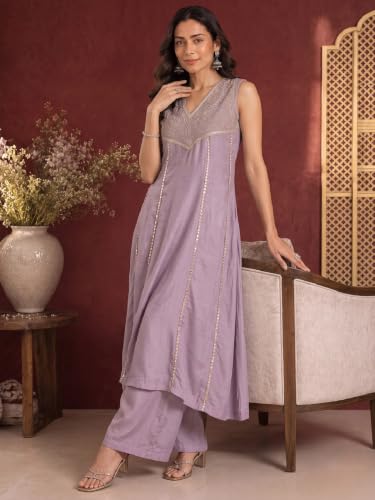Varanga Women Lavender Kurta Set V Neck Sleeveless Silk Georgette